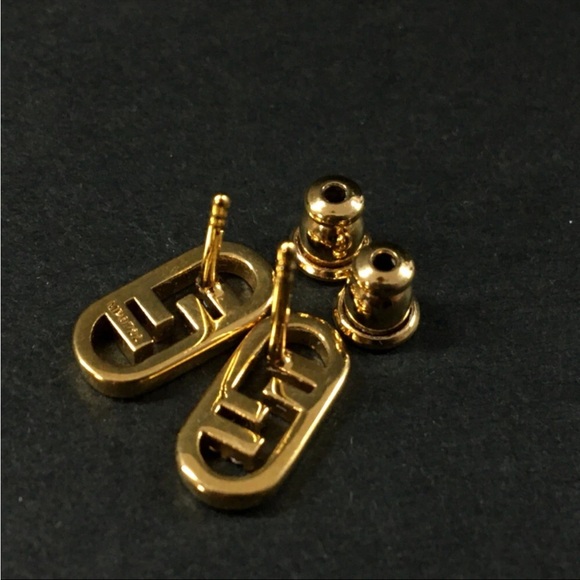 FENDI FF Logo Rhinestone Gold Tone Pierced Earrings - Picture 5 of 7